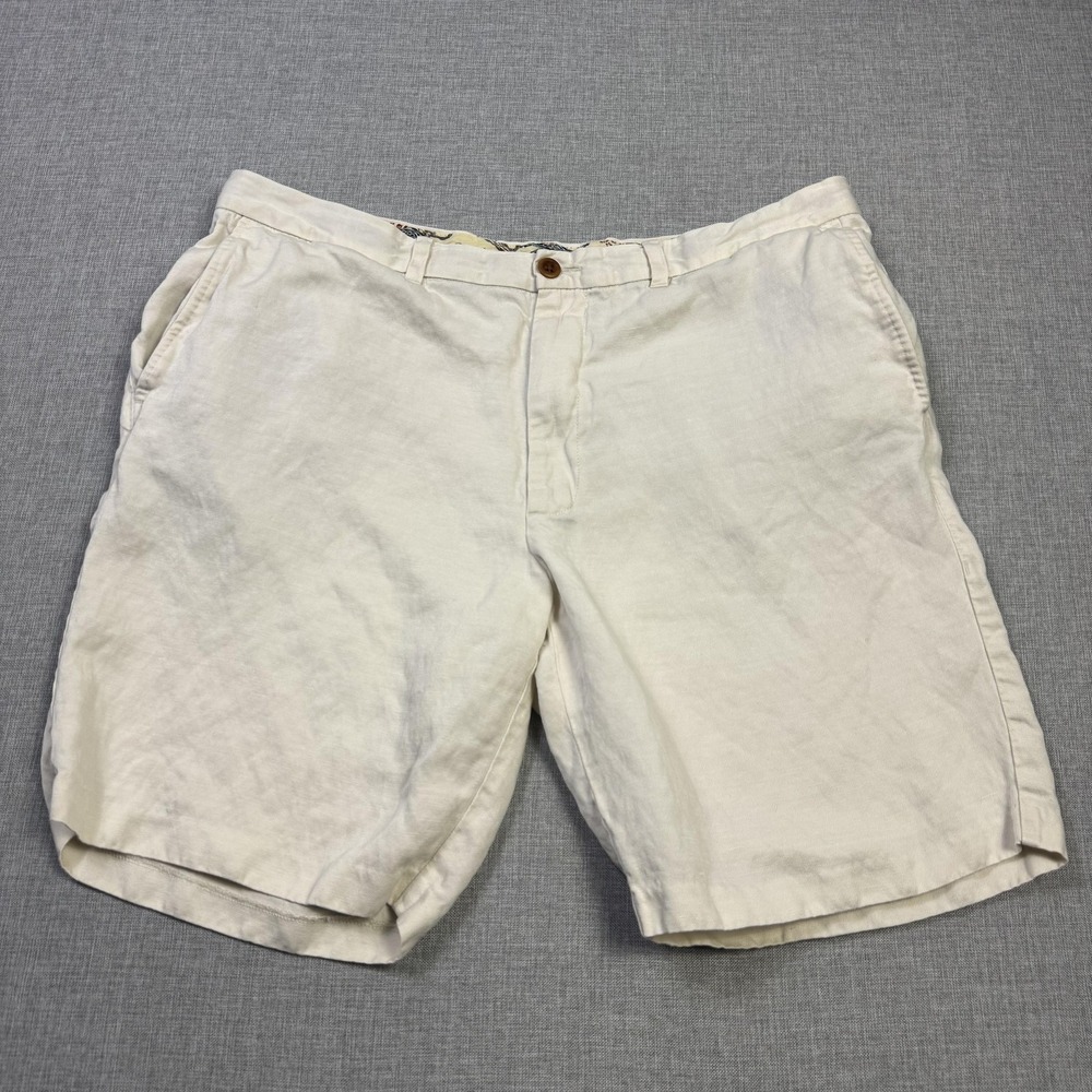 Tommy Bahama Lyocell Linen Chino Shorts Mens 38 White Flat Front 9" Inseam